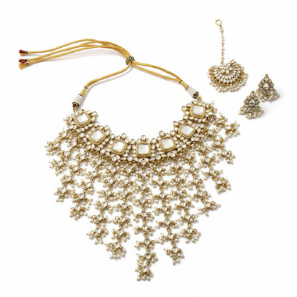 The Jewel Project GIGI LUXE KUNDAN SET: gold-tone necklace with square Kundan stones and pearl drops, includes matching tikka and stud earrings.